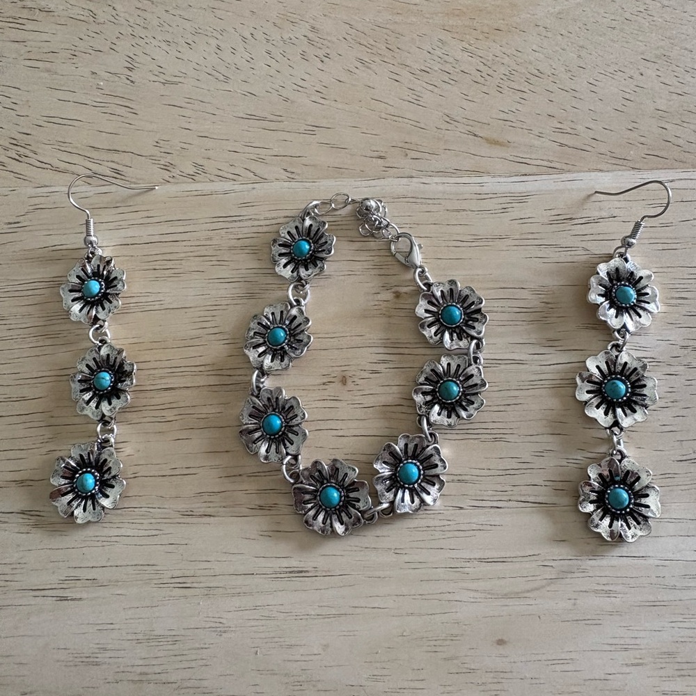 Turquoise and Silver Floral Earrings
